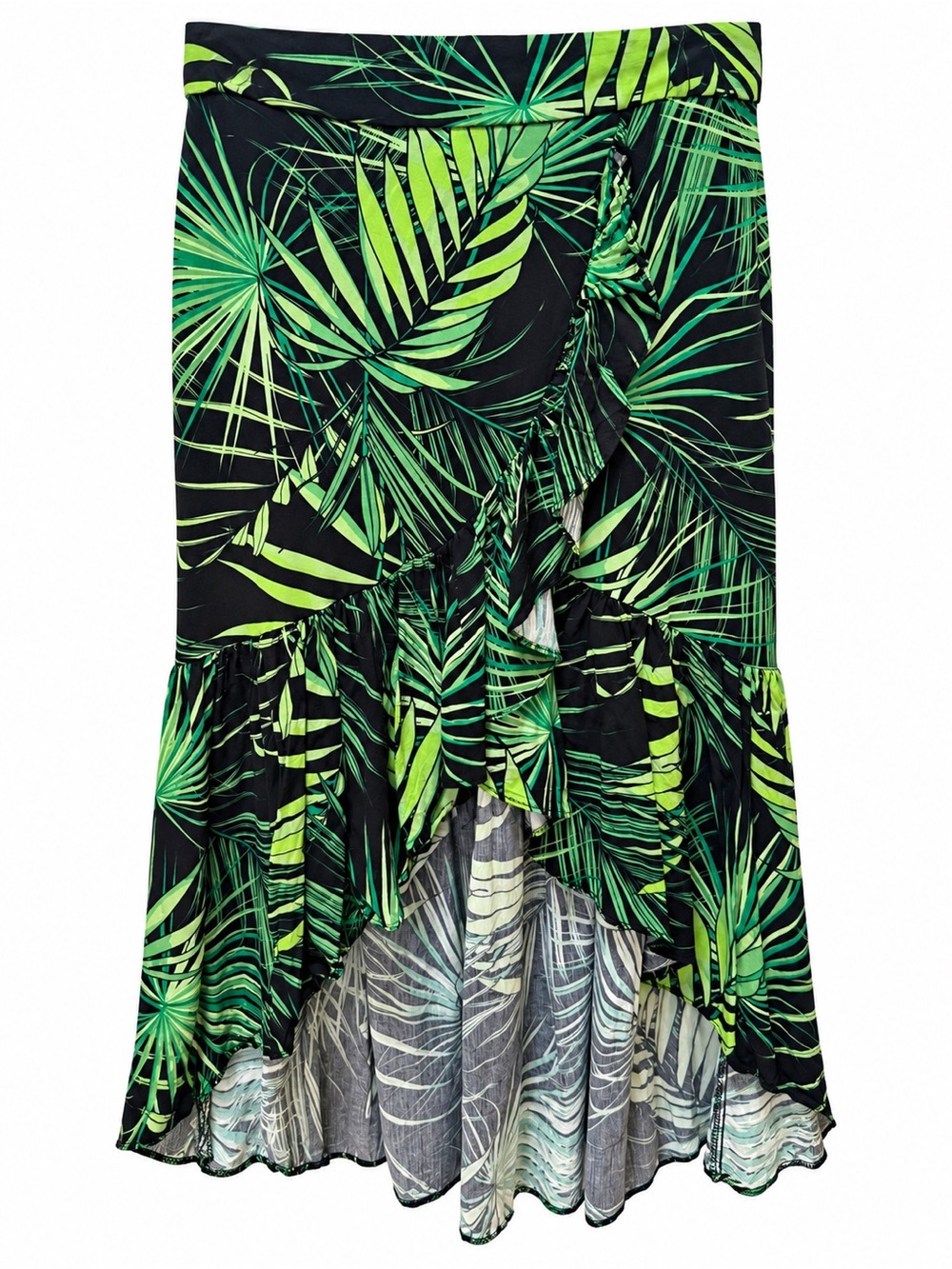 Tropical Green Palm-Print Ruffle High-Low Skirt